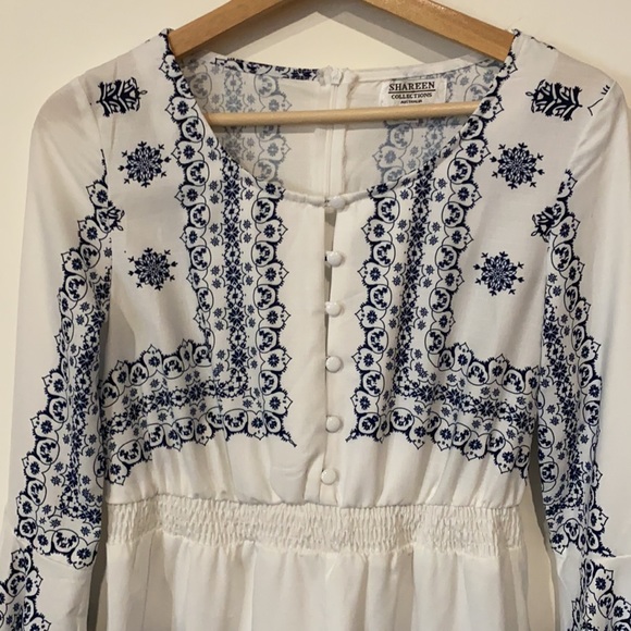 Shareen Collections Boho Playsuit Blue/ White Bell Sleeves AU 10 Button Up - Picture 2 of 10